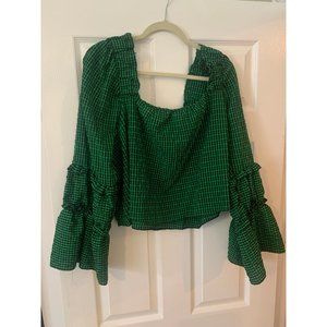 Topshop Green Black Ruffle Sleeve & Ruffle Neck Crop Top 14
